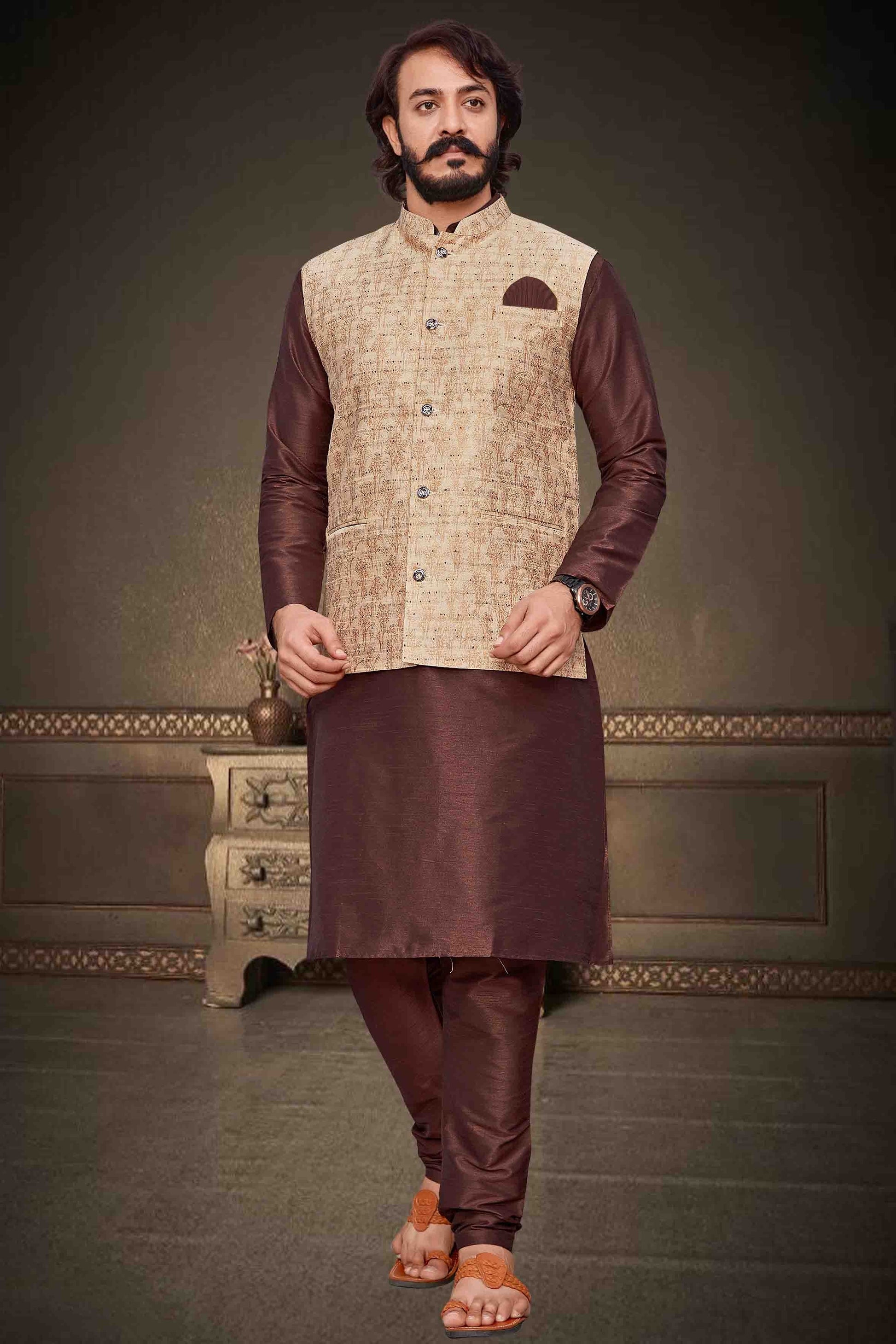 Brown Colour Kurta Pajama With Jacket In Art Silk KP1210358