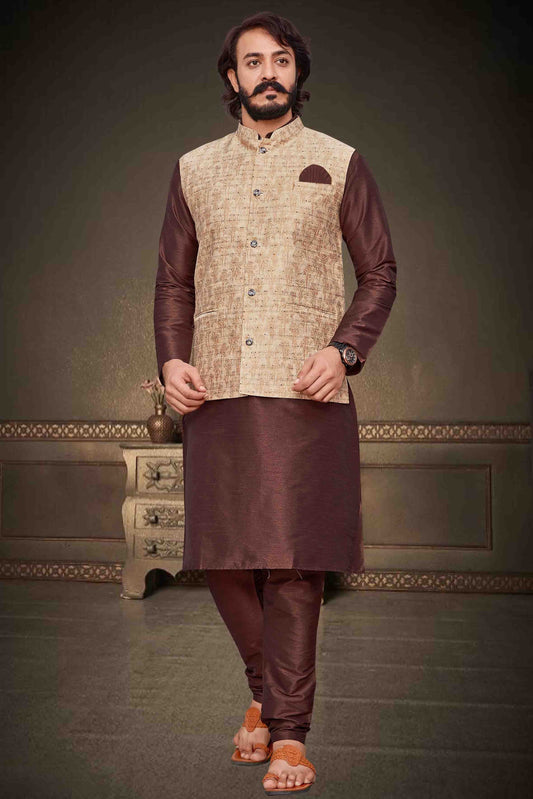 Brown Colour Kurta Pajama With Jacket In Art Silk KP1210358