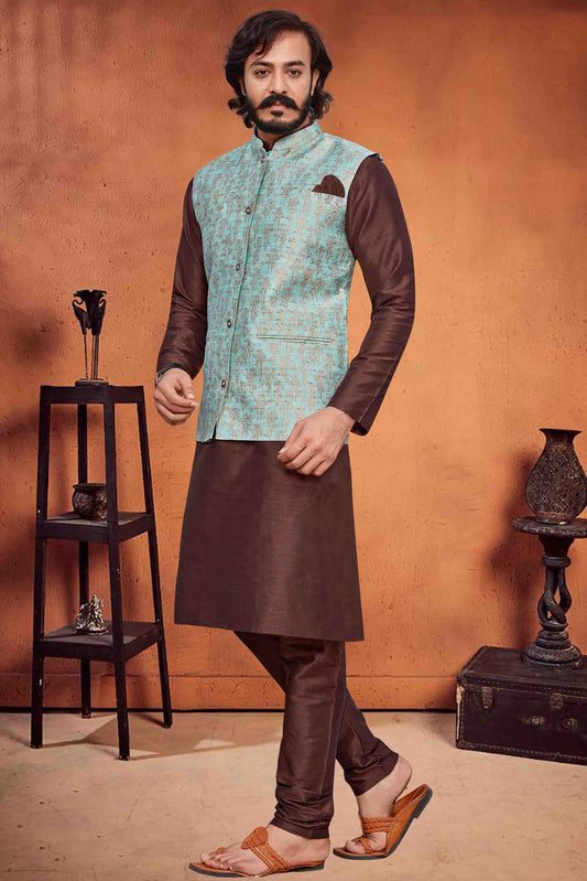 Brown Colour Kurta Pajama With Jacket In Art Silk KP1210359