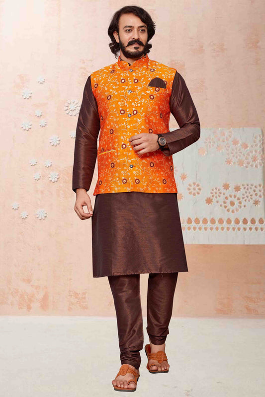 Brown Colour Kurta Pajama With Jacket In Art Silk KP1210360