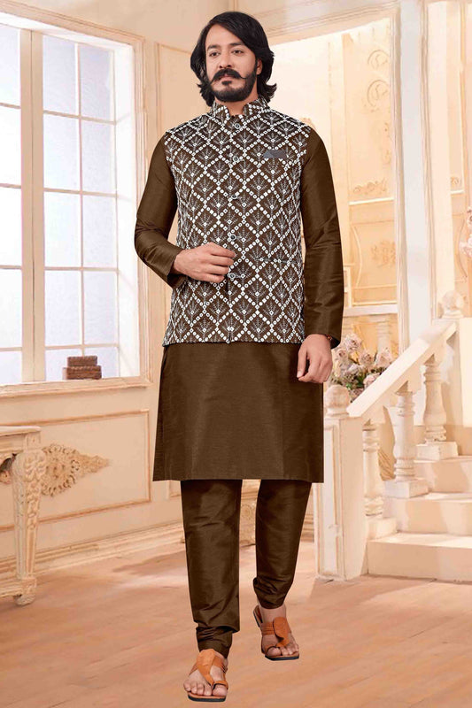 Brown Colour Kurta Pajama With Jacket In Art Silk KP1210387