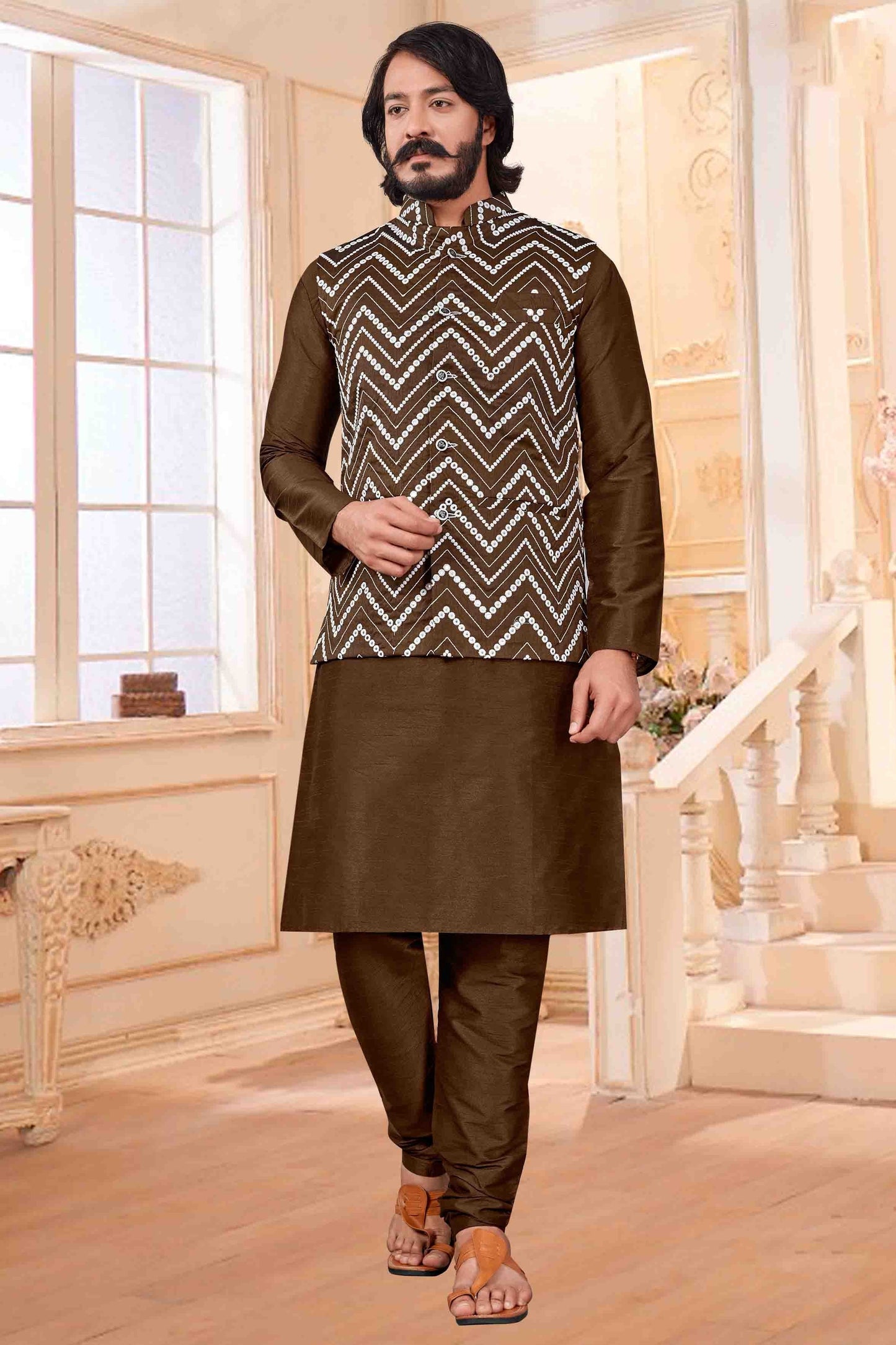 Brown Colour Kurta Pajama With Jacket In Art Silk KP1210408