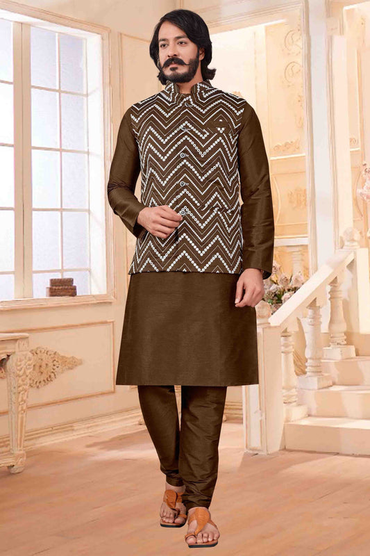 Brown Colour Kurta Pajama With Jacket In Art Silk KP1210408