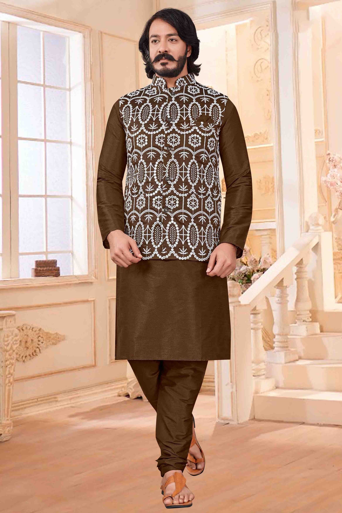 Brown Colour Kurta Pajama With Jacket In Art Silk KP1210423