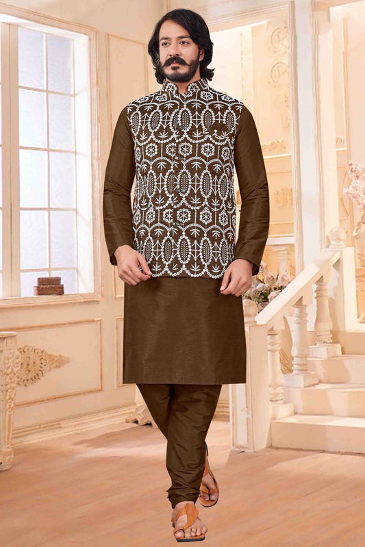 Brown Colour Kurta Pajama With Jacket In Art Silk KP1210423