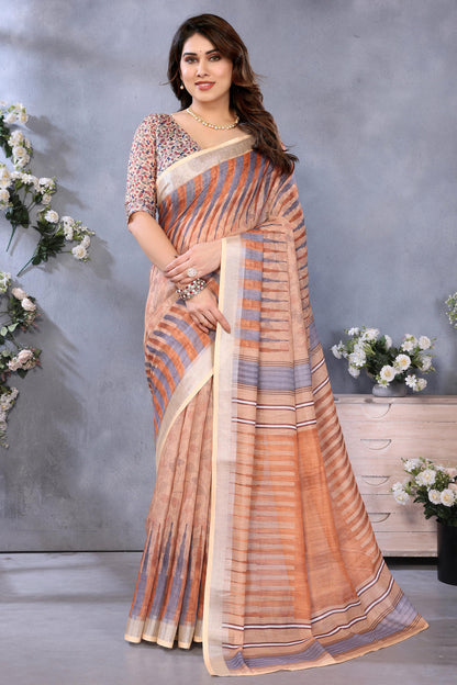 Brown Colour Linen Cotton Printed Saree