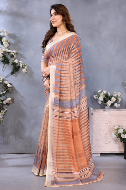 Brown Colour Linen Cotton Printed Saree
