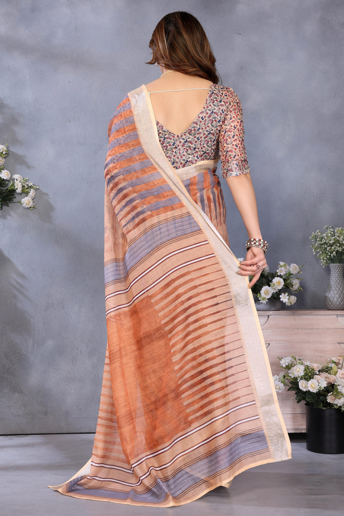 Brown Colour Linen Cotton Printed Saree