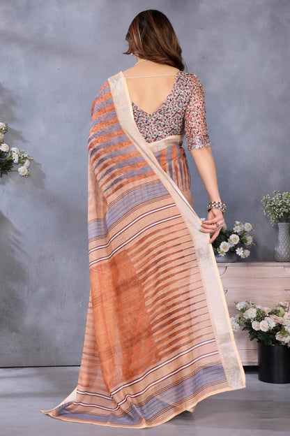 Brown Colour Linen Cotton Printed Saree