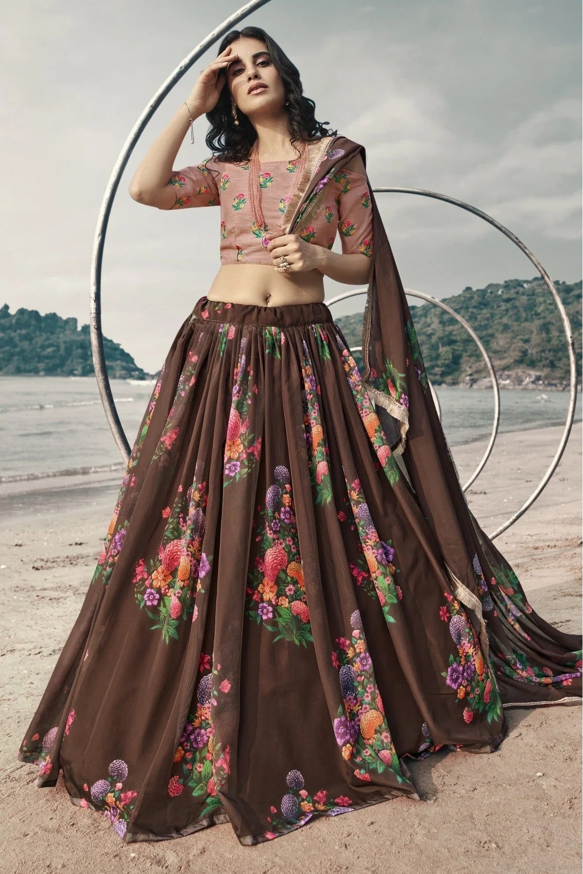 Brown Colour Organza Printed Lehenga Choli LC1080633