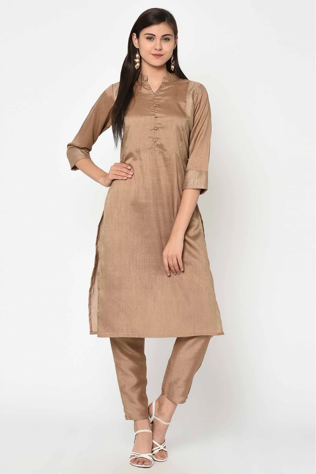 Brown Colour Poly Silk Solid Kurti KR1060249