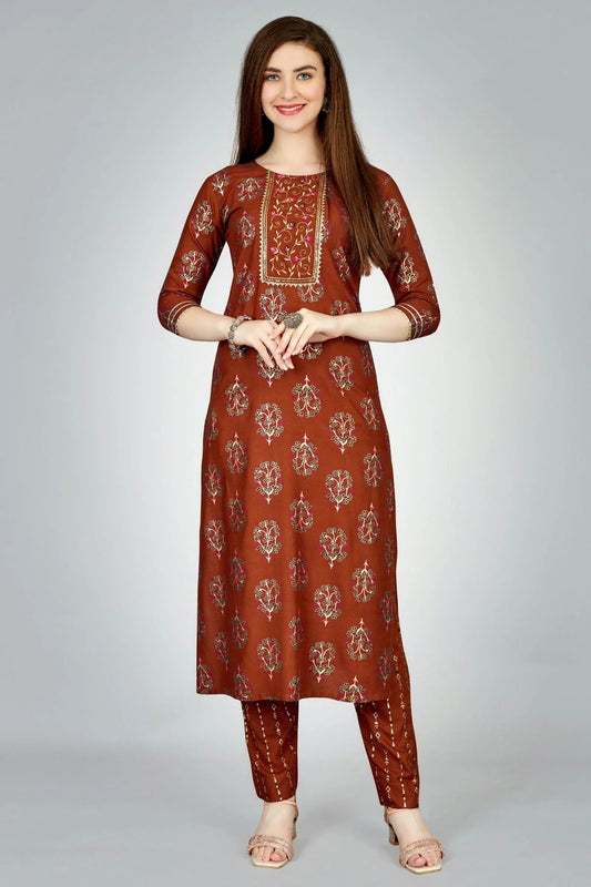 Brown Colour Rayon Kurta And Pant Set KR1111317