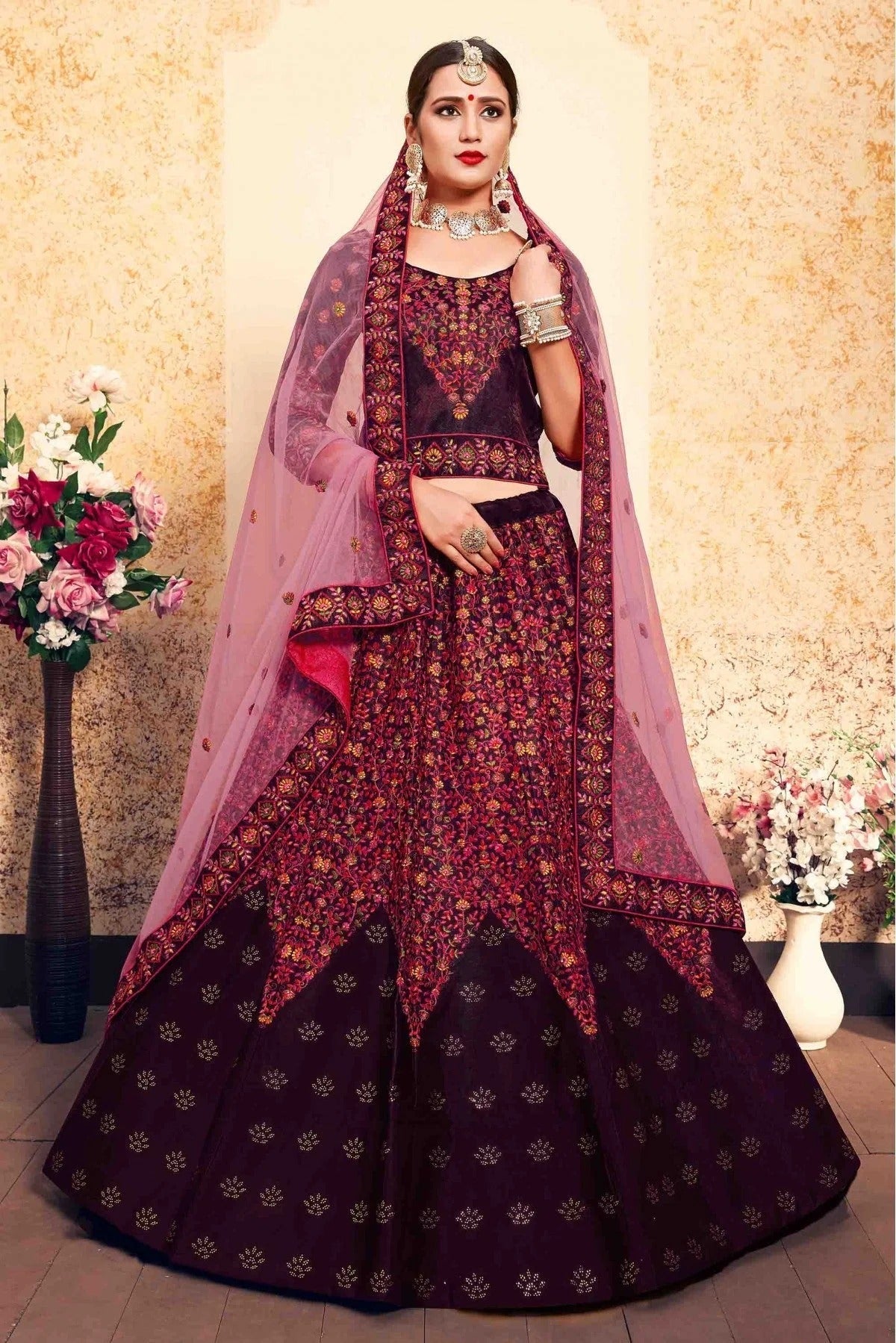 Brown Colour Satin Embroidery Lehenga Choli LC1080197