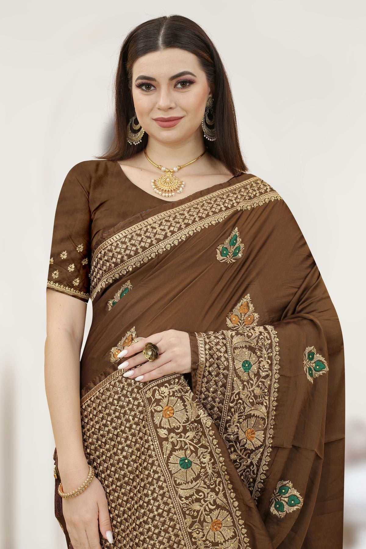 Brown Colour Satin Silk Designer Saree LC1121310 A