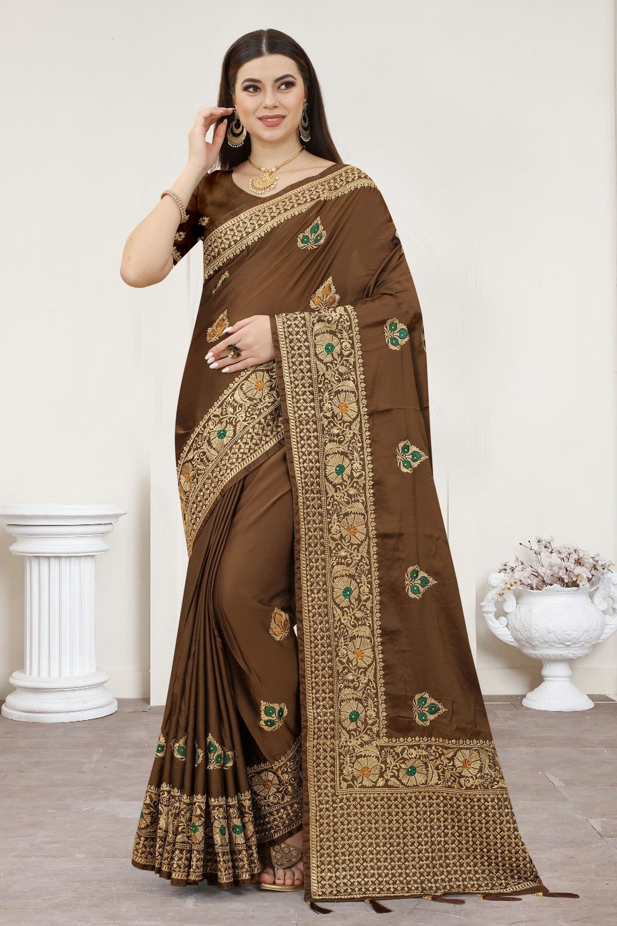 Brown Colour Satin Silk Designer Saree LC1121310