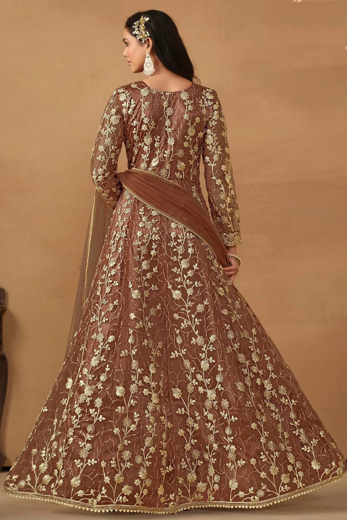 Brown Colour Semi Stitched Net Pant Style Suit SM1050472 A
