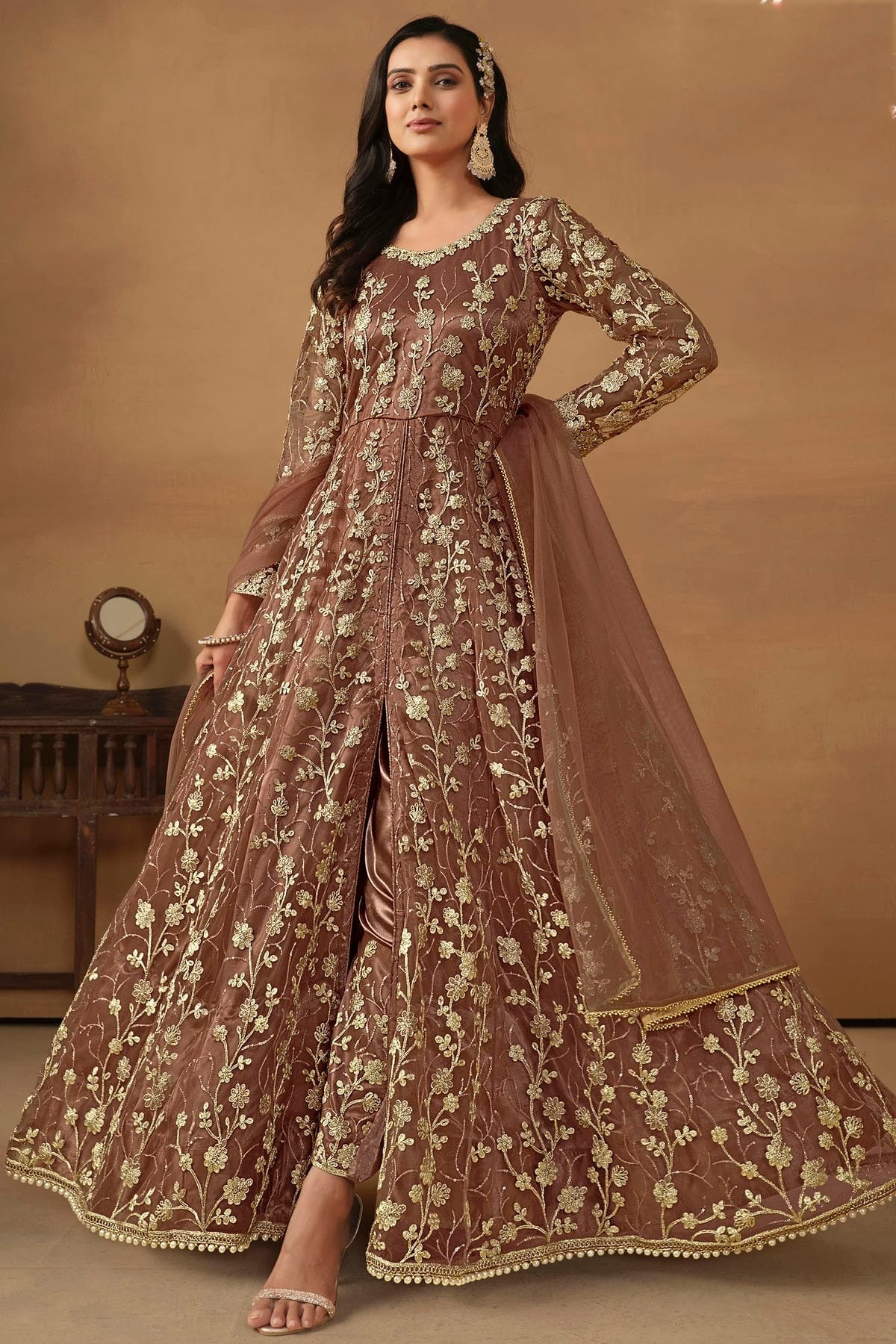 Brown Colour Semi Stitched Net Pant Style Suit SM1050472