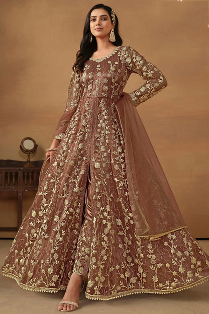 Brown Colour Semi Stitched Net Pant Style Suit SM1050472