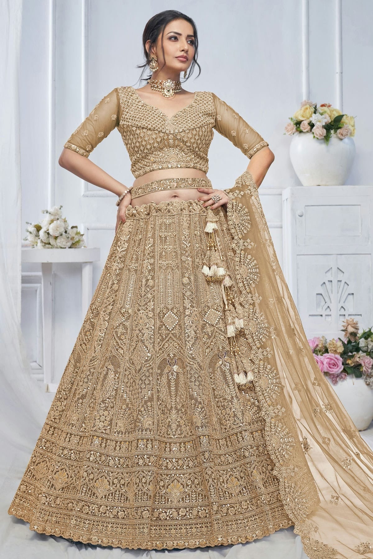 Brown Colour Soft Net Embroidery Lehenga Choli LC1111365