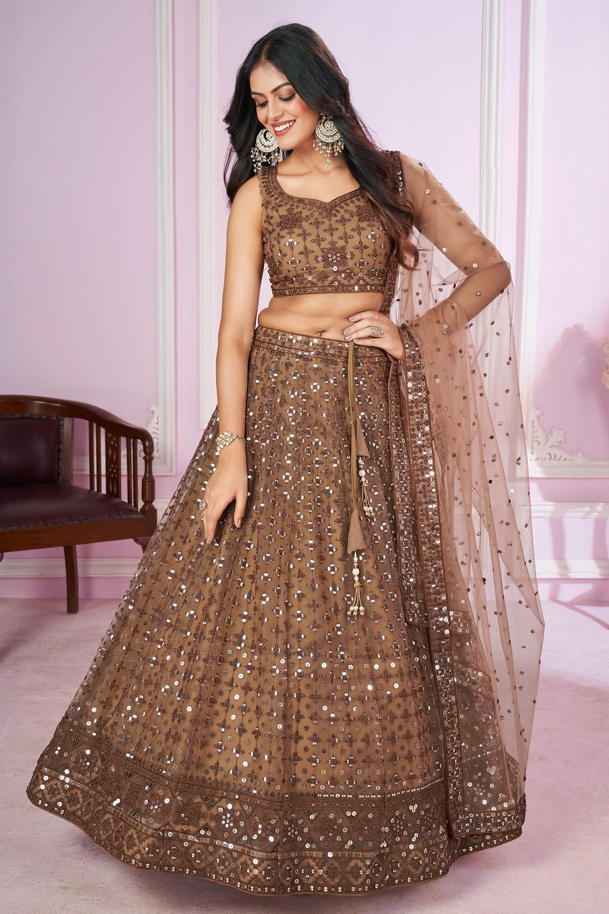 Brown Colour Soft Net Lehenga Choli LC1010288