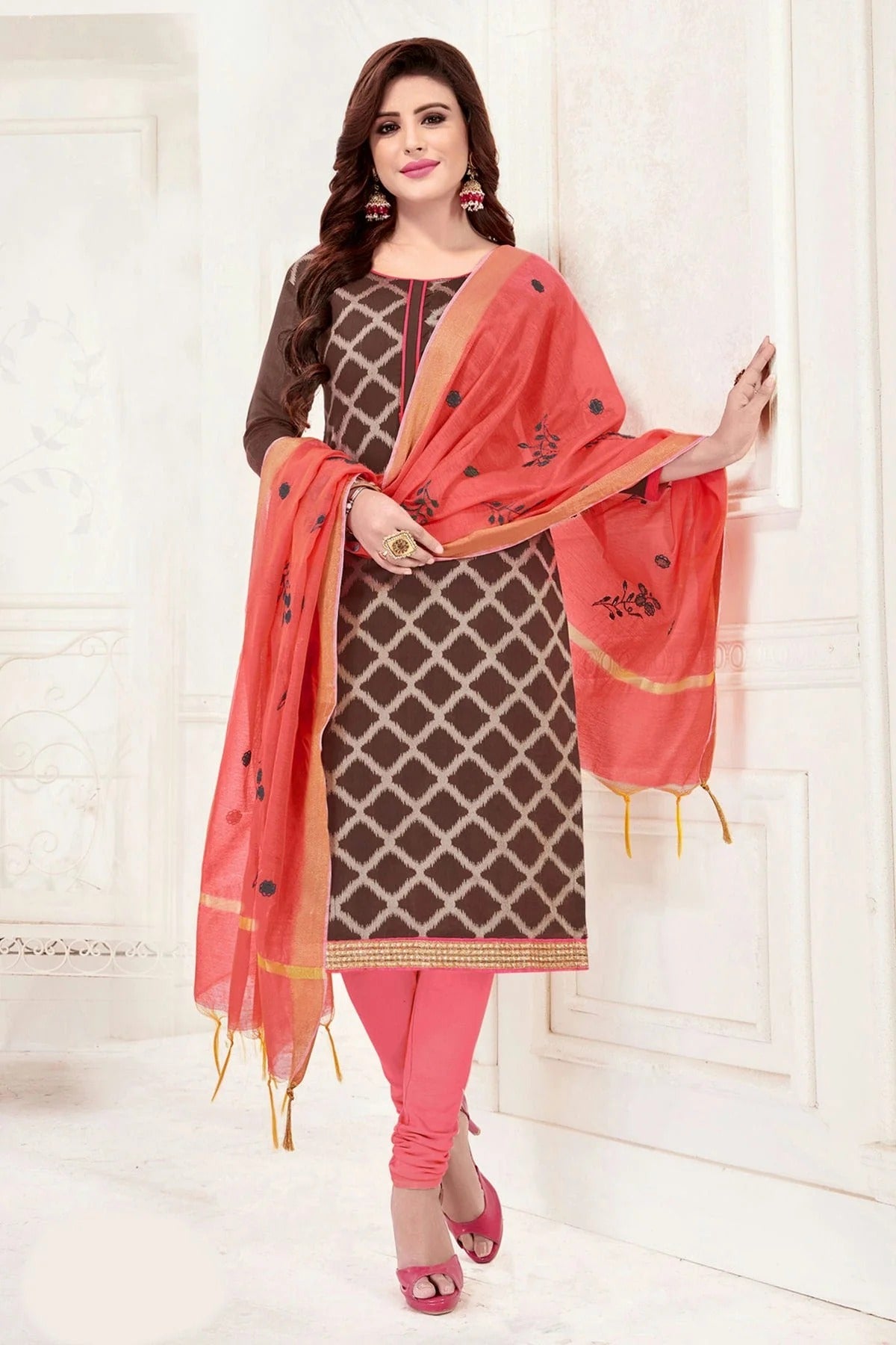 Brown Colour Unstitched Banarasi Jacquard Churidar Suit US1161068
