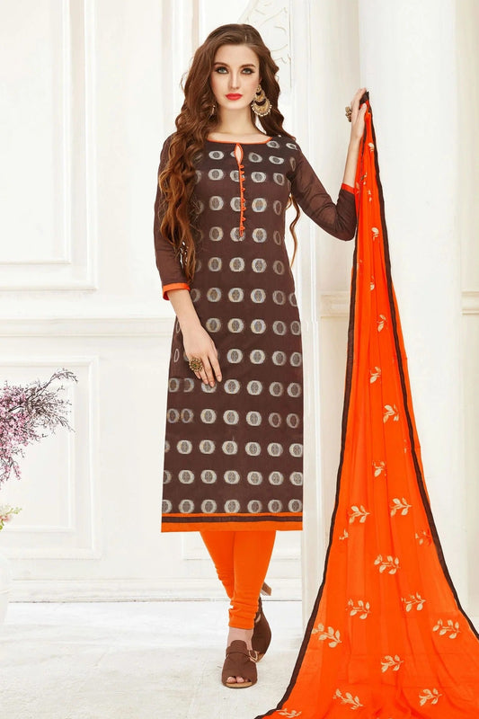 Brown Colour Unstitched Banarasi Jacquard Churidar Suit US1161140