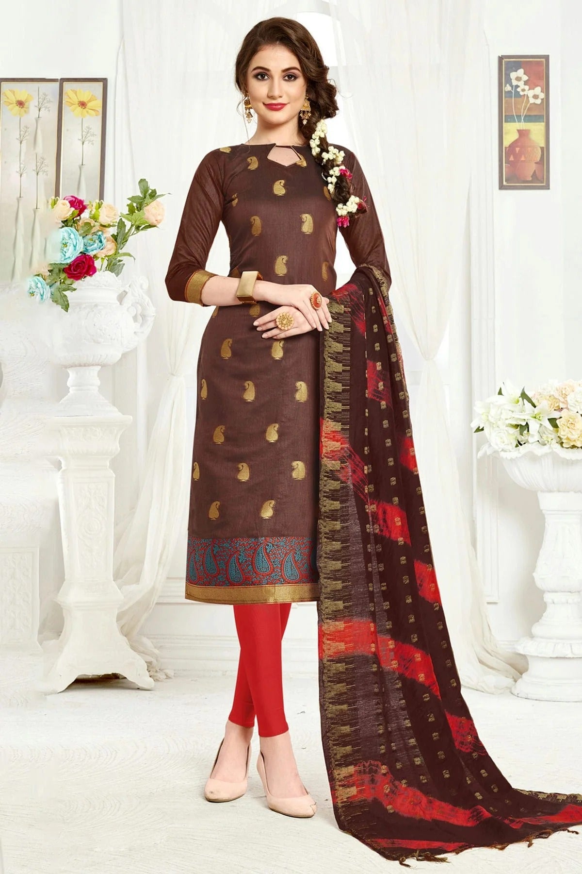 Brown Colour Unstitched Banarasi Silk Straight Suit US1161081