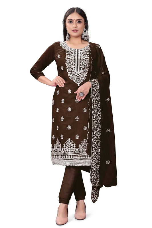 Brown Colour Unstitched Chanderi Cotton Churidar Suit US1160684