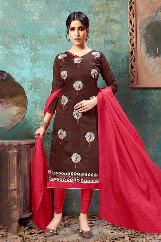 Brown Colour Unstitched Chanderi Cotton Straight Suit US1161197