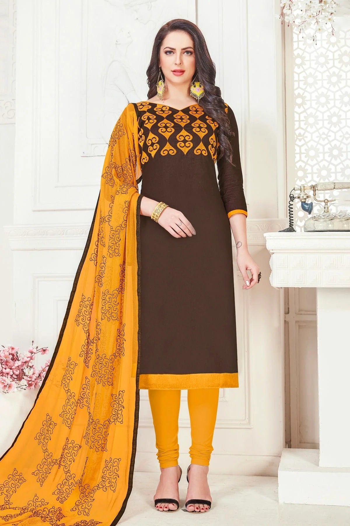 Brown Colour Unstitched Glace Cotton Churidar Suit US1161170