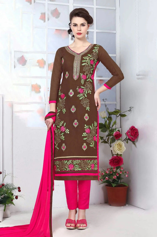 Brown Colour Unstitched Glaze Cotton Straight Suit US1161183