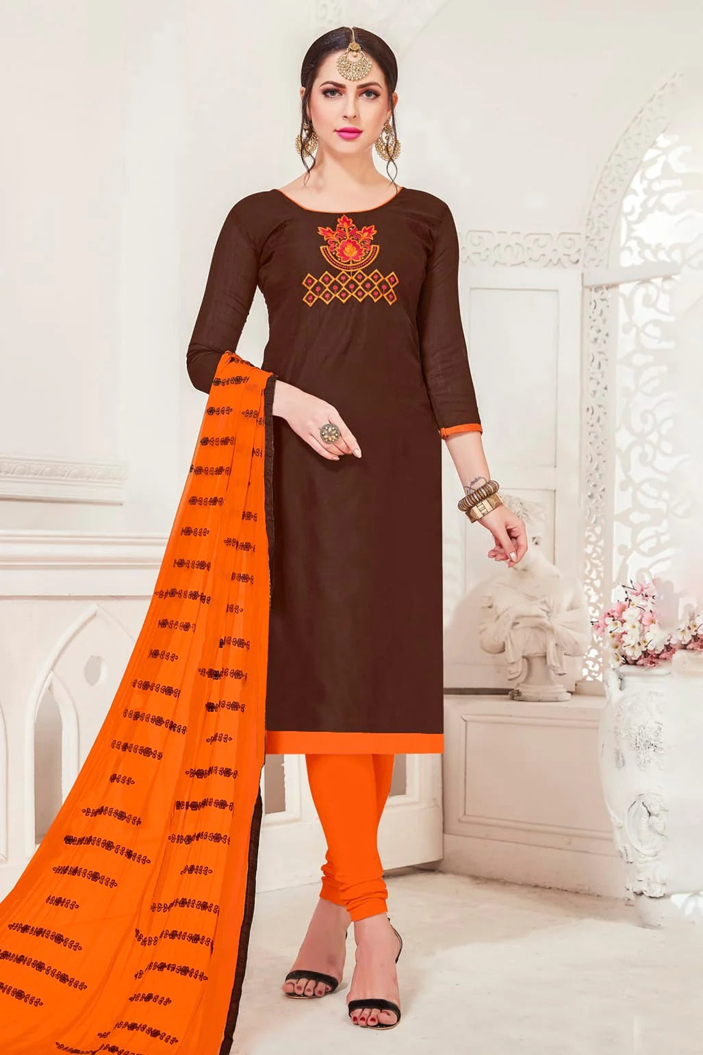 Brown Colour Unstitched Modal Silk Churidar Suit US1161104