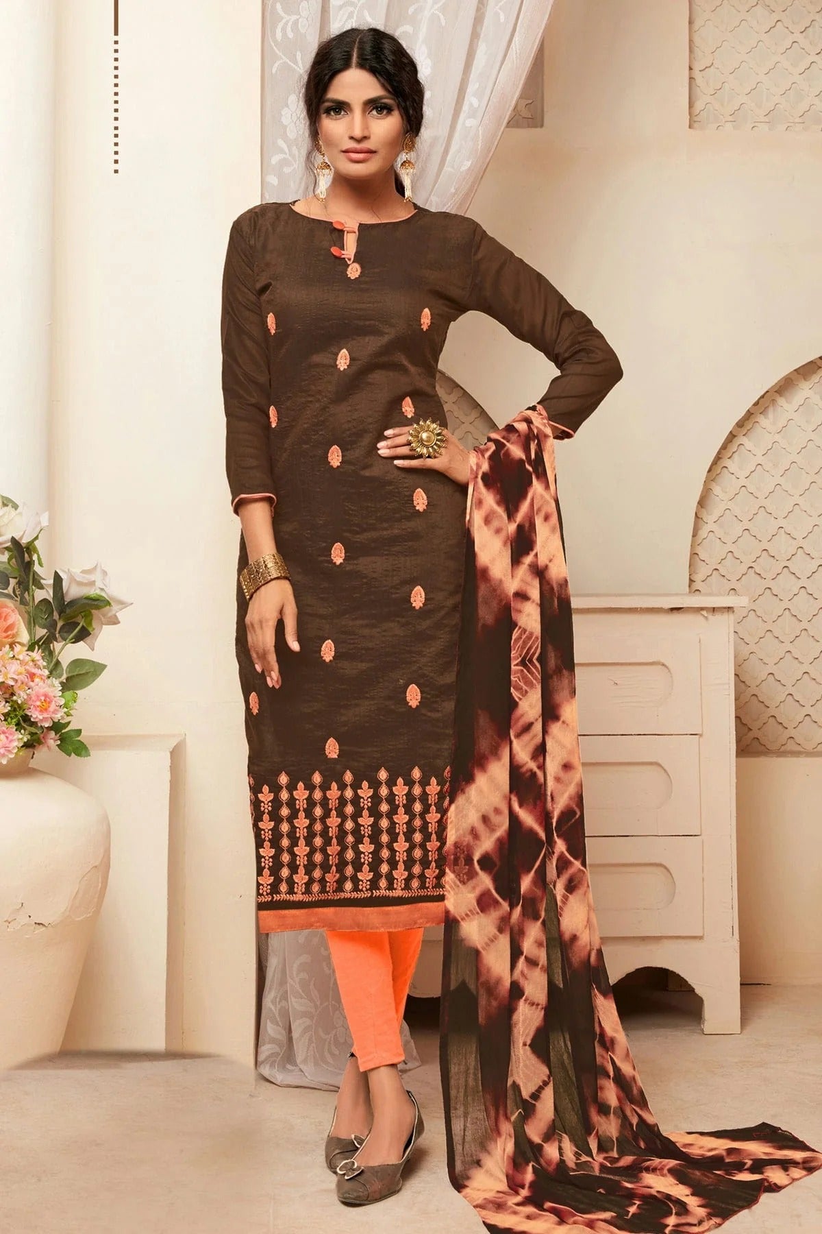 Brown Colour Unstitched Modal Silk Straight Suit US1161132