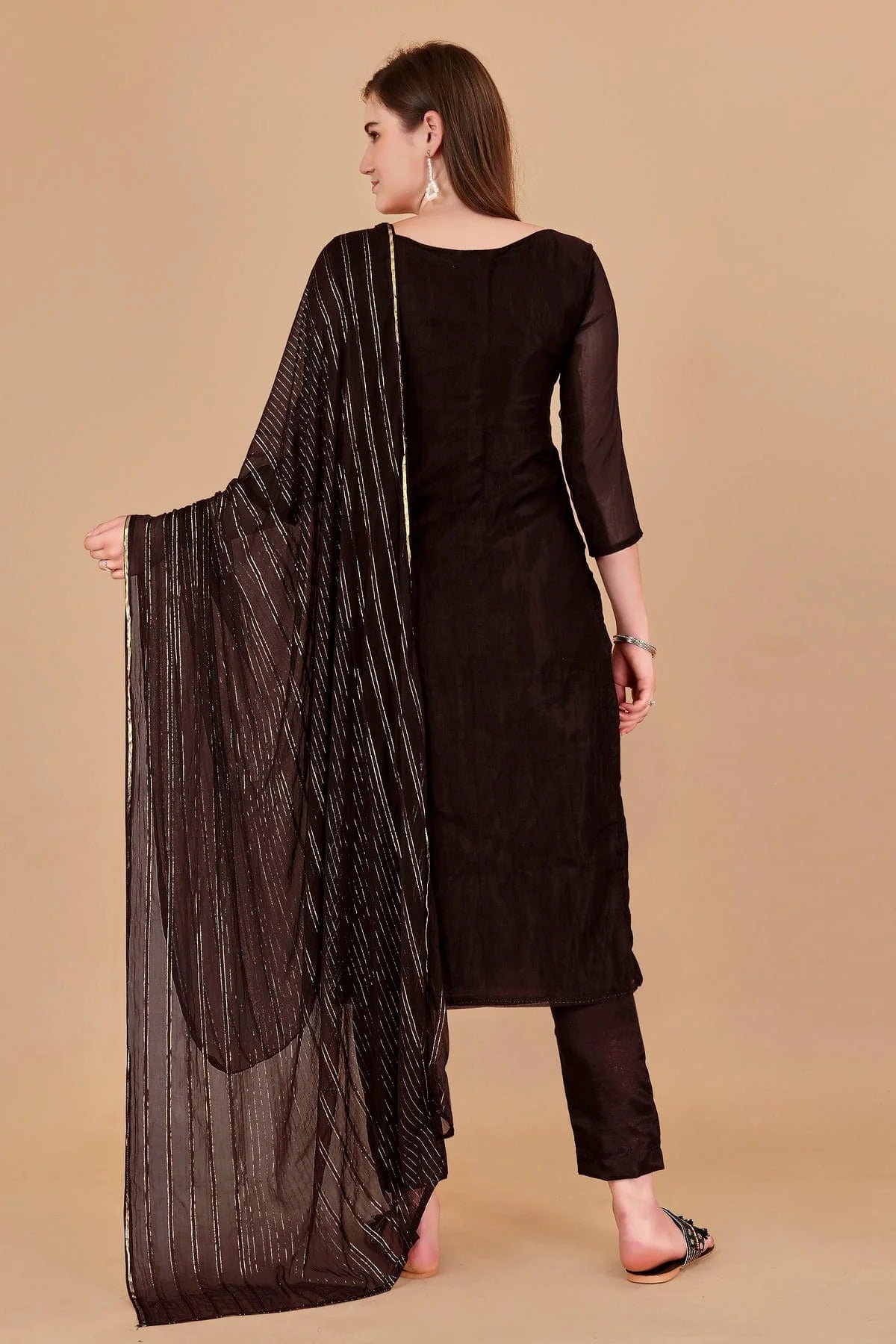 Brown Colour Unstitched Organza Jacquard Fabric Straight Suit US1161023 A