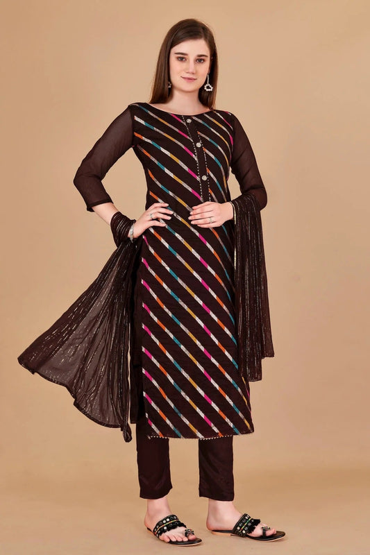 Brown Colour Unstitched Organza Jacquard Fabric Straight Suit US1161023