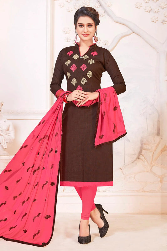Brown Colour Unstitched South Cotton Slub Churidar Suit US1161121