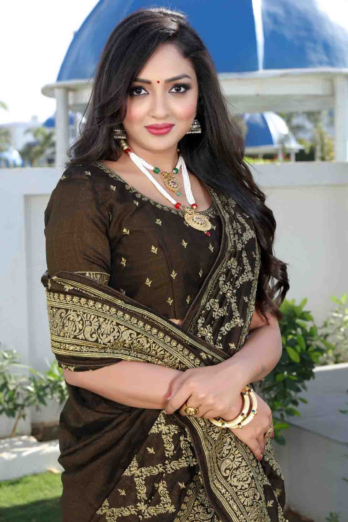 Brown Colour Vichitra Silk Embroidery Saree SD1120867 A