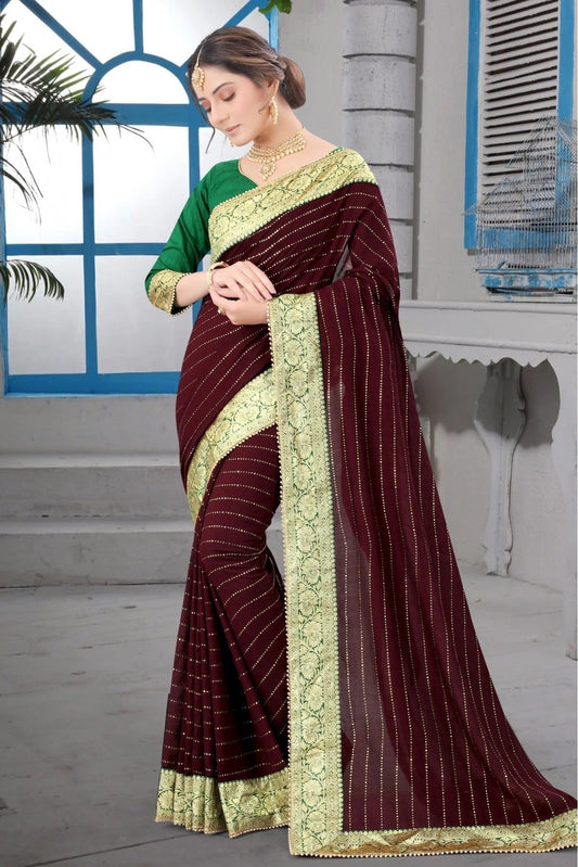Brown Colour Vichitra Silk Lace Work Saree SD1120231