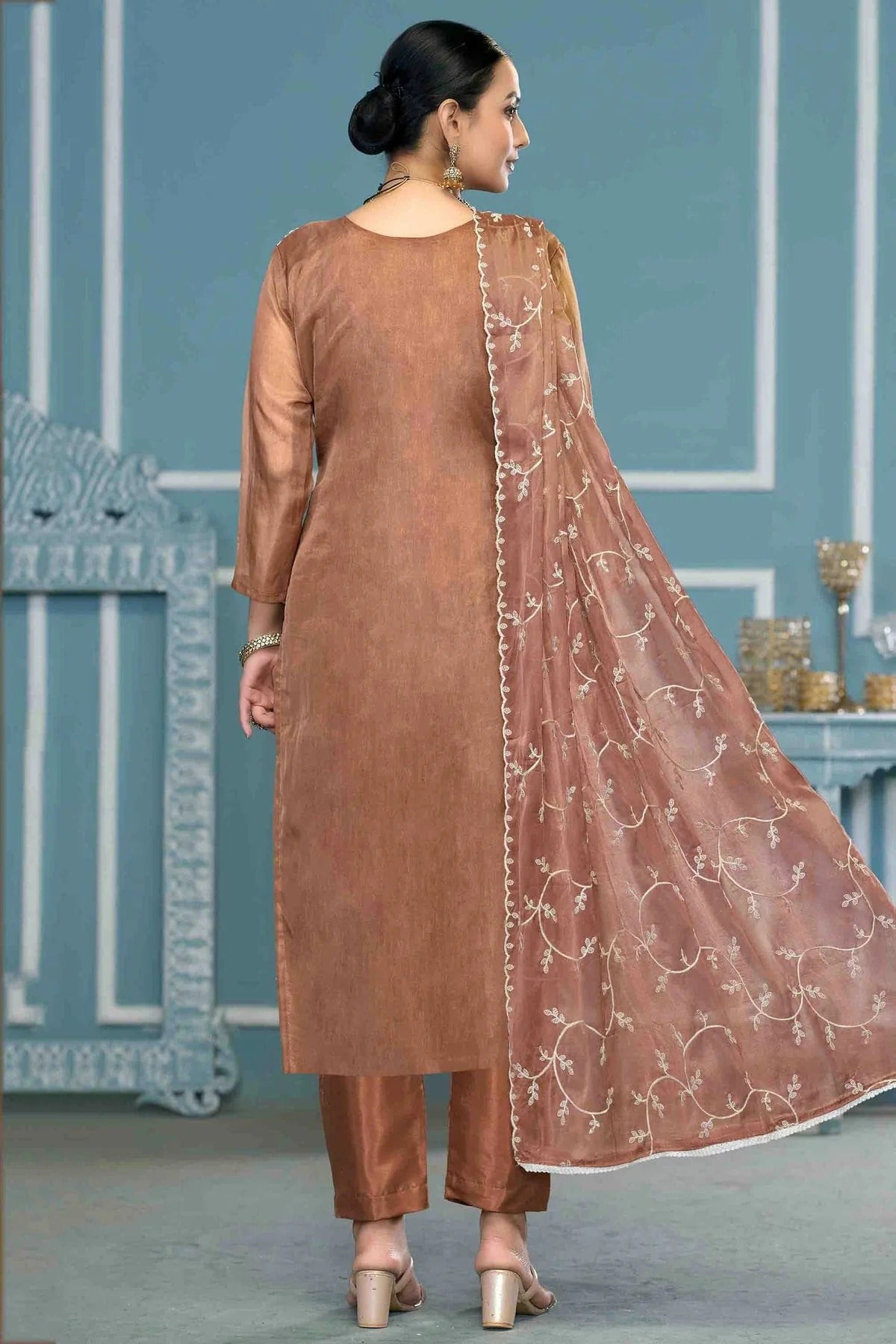 Brown Colour Viscose Organza Pant Style Suit SM1113201 A