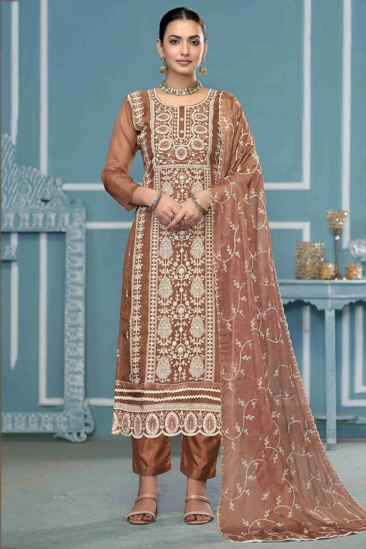 Brown Colour Viscose Organza Pant Style Suit SM1113201