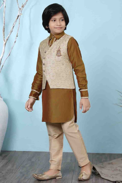 Brown and Beige Colour Cotton Silk Kurta Pajama With Jacket BW1070093 A