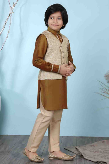 Brown and Beige Colour Cotton Silk Kurta Pajama With Jacket BW1070093 B