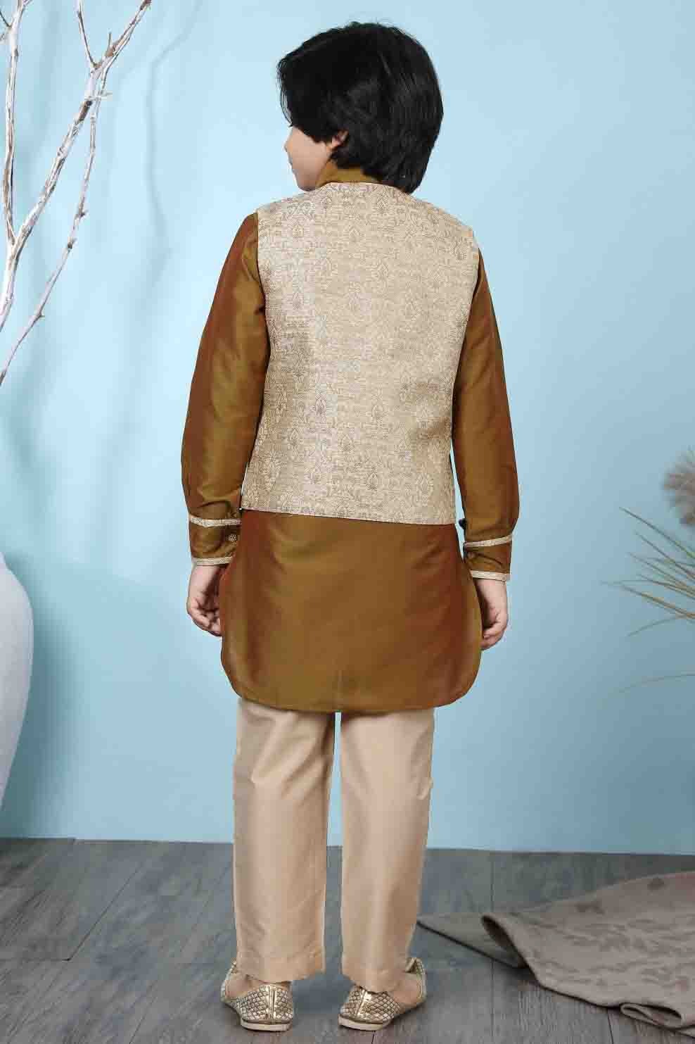 Brown and Beige Colour Cotton Silk Kurta Pajama With Jacket BW1070093 C