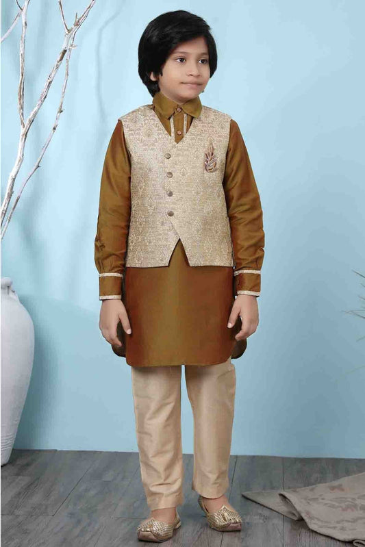 Brown and Beige Colour Cotton Silk Kurta Pajama With Jacket BW1070093
