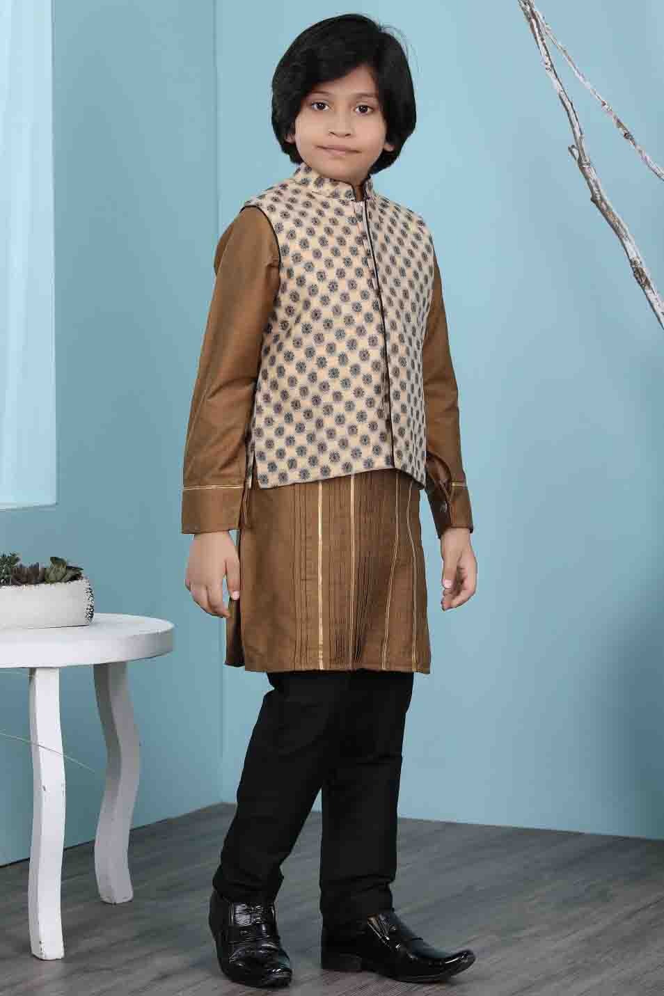 Brown and Beige Colour Cotton Silk Kurta Pajama With Jacket BW1070111 A
