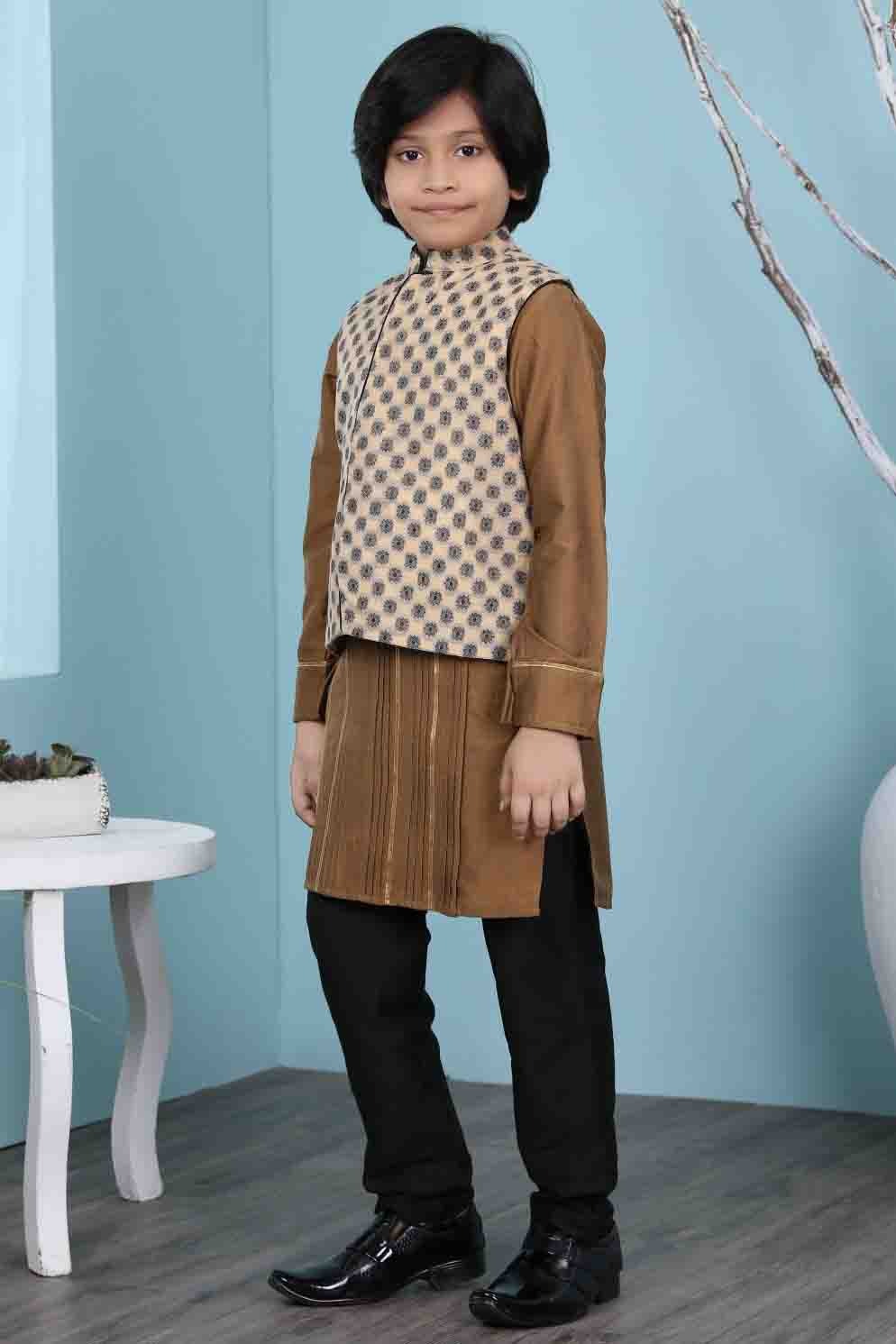 Brown and Beige Colour Cotton Silk Kurta Pajama With Jacket BW1070111 B
