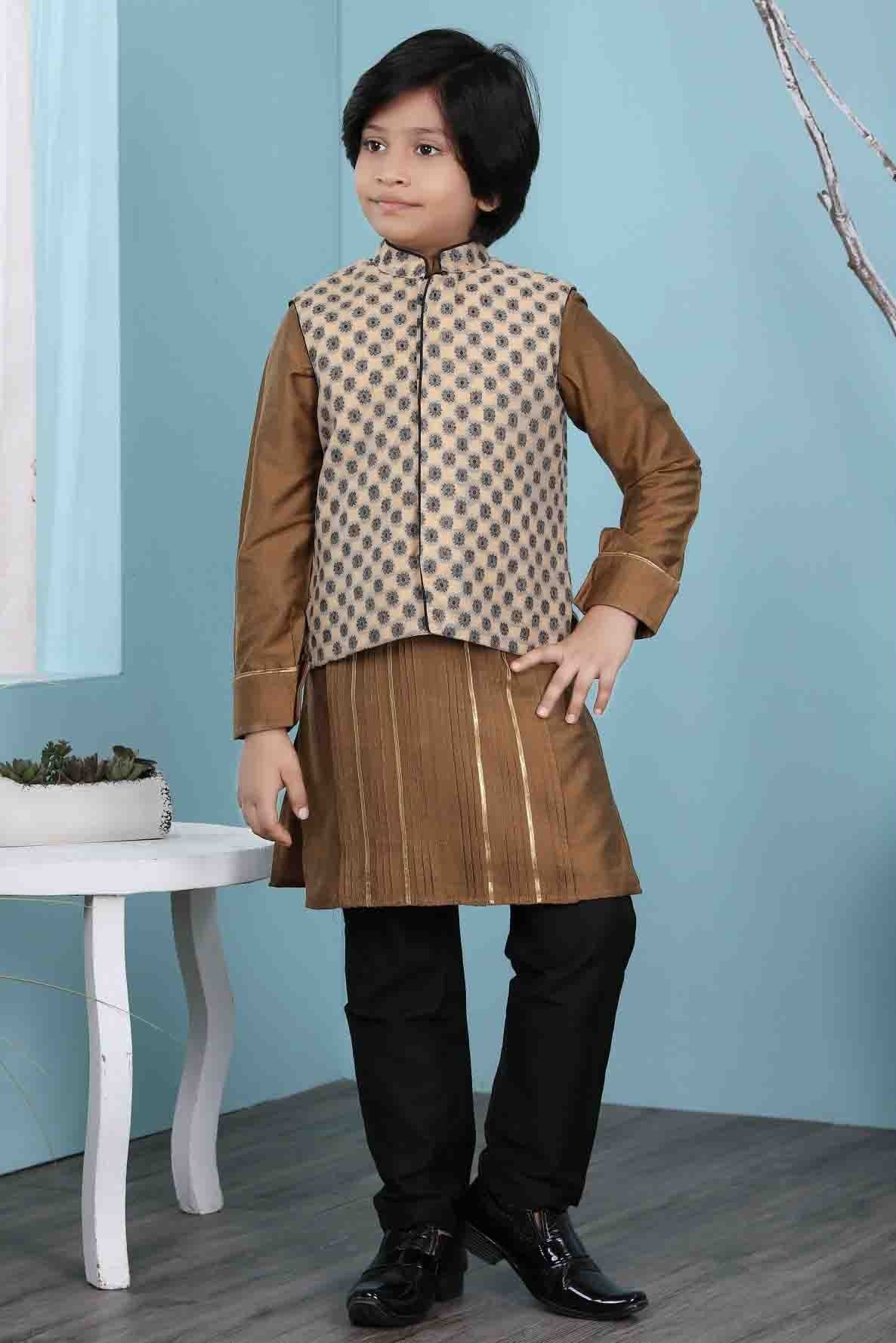 Brown and Beige Colour Cotton Silk Kurta Pajama With Jacket BW1070111