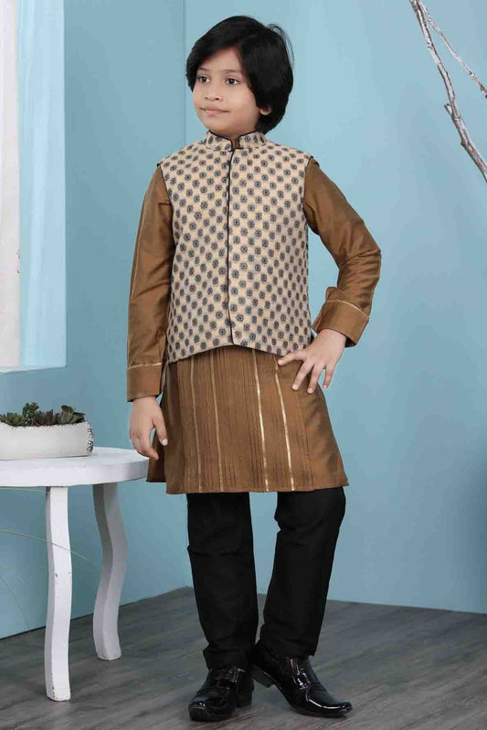 Brown and Beige Colour Cotton Silk Kurta Pajama With Jacket BW1070111