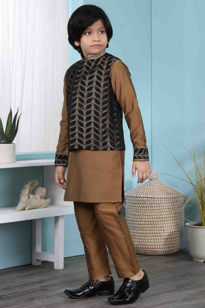 Brown and Black Colour Cotton Silk Kurta Pajama With Jacket BW1070104 A