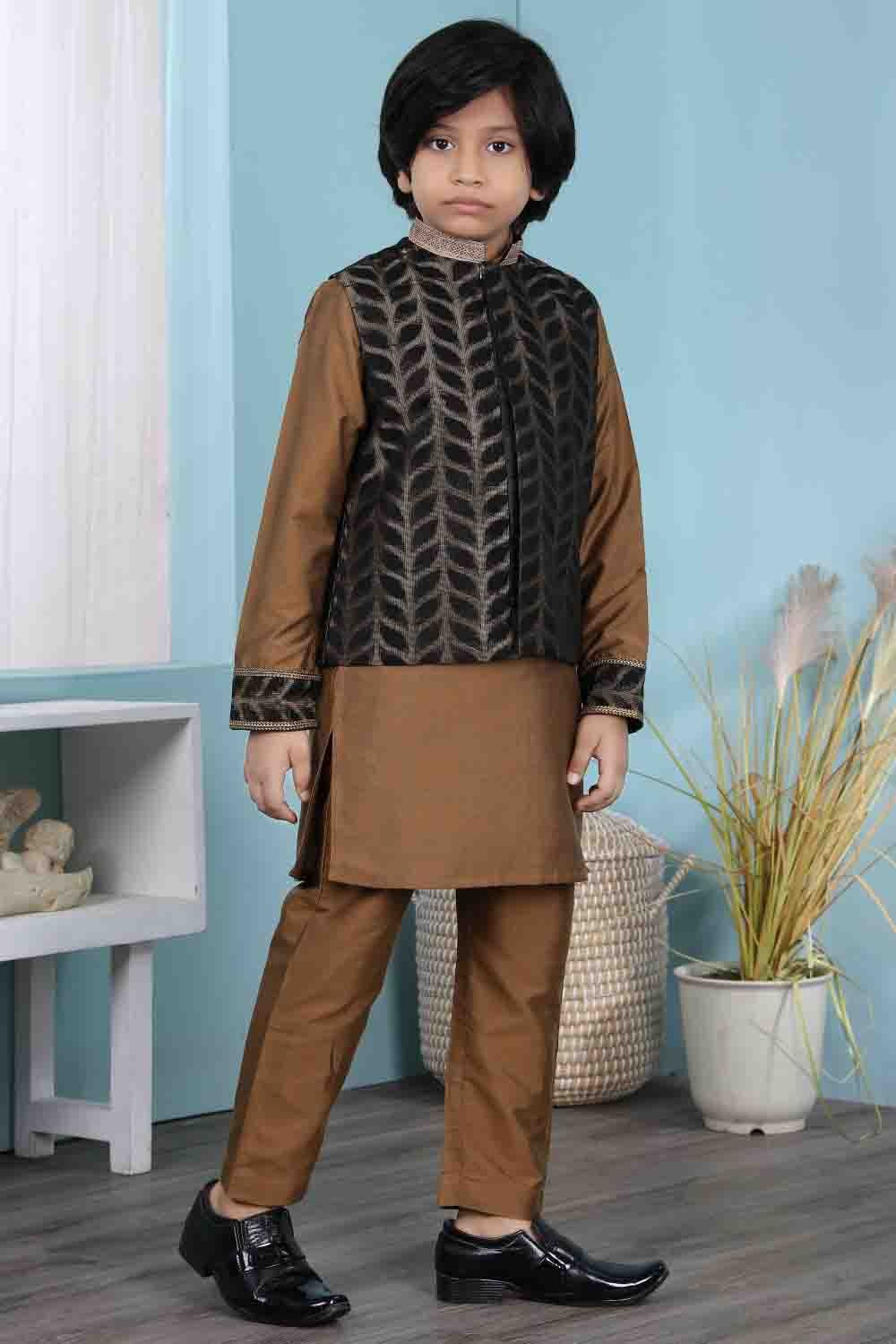 Brown and Black Colour Cotton Silk Kurta Pajama With Jacket BW1070104 B
